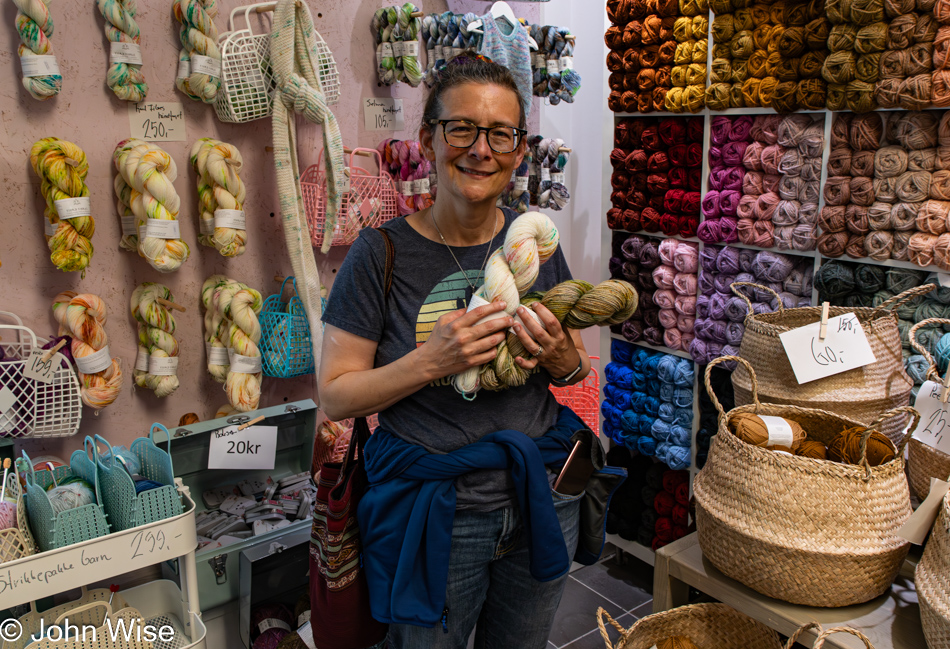 Caroline Wise at Strikkelykke yarn store in Bergen, Norway