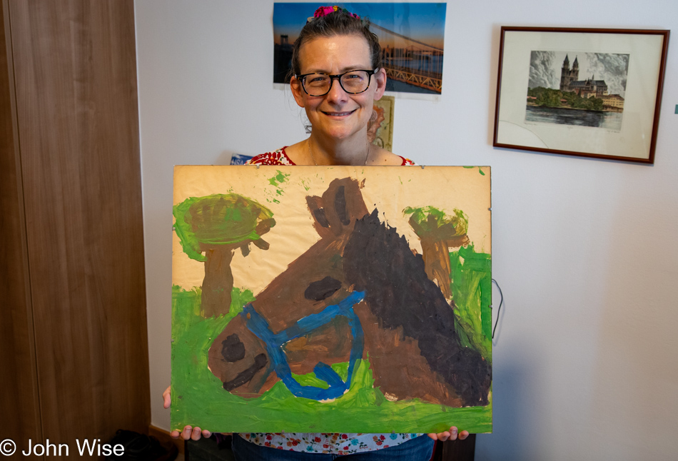 Caroline Wise with drawing she made as little girl in Frankfurt, Germany