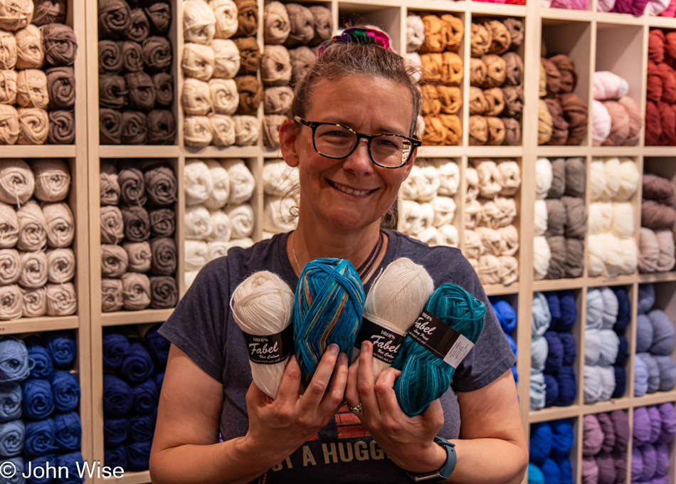 Caroline Wise at Tjorven Yarn in Oslo, Norway