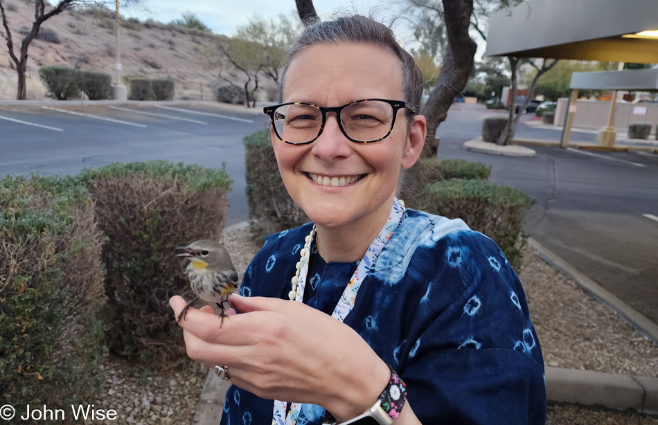 Caroline Wise and a bird in Arizona