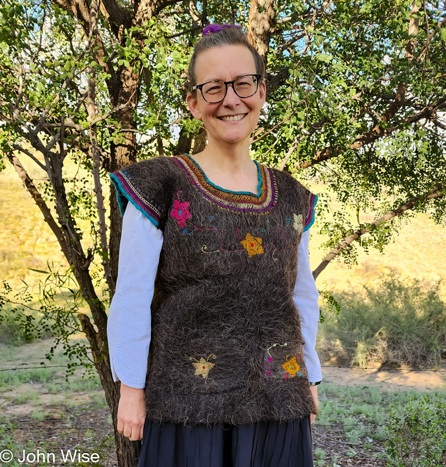 Caroline Wise wearing wool pullover from Chamula, Mexico in Phoenix, Arizona