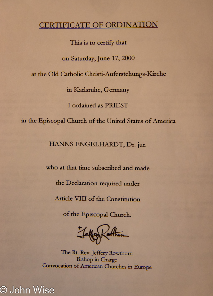 Hanns Engelhardt Certificate of Ordination