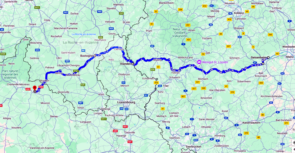 Map from Geisenheim Germany to Sedan France